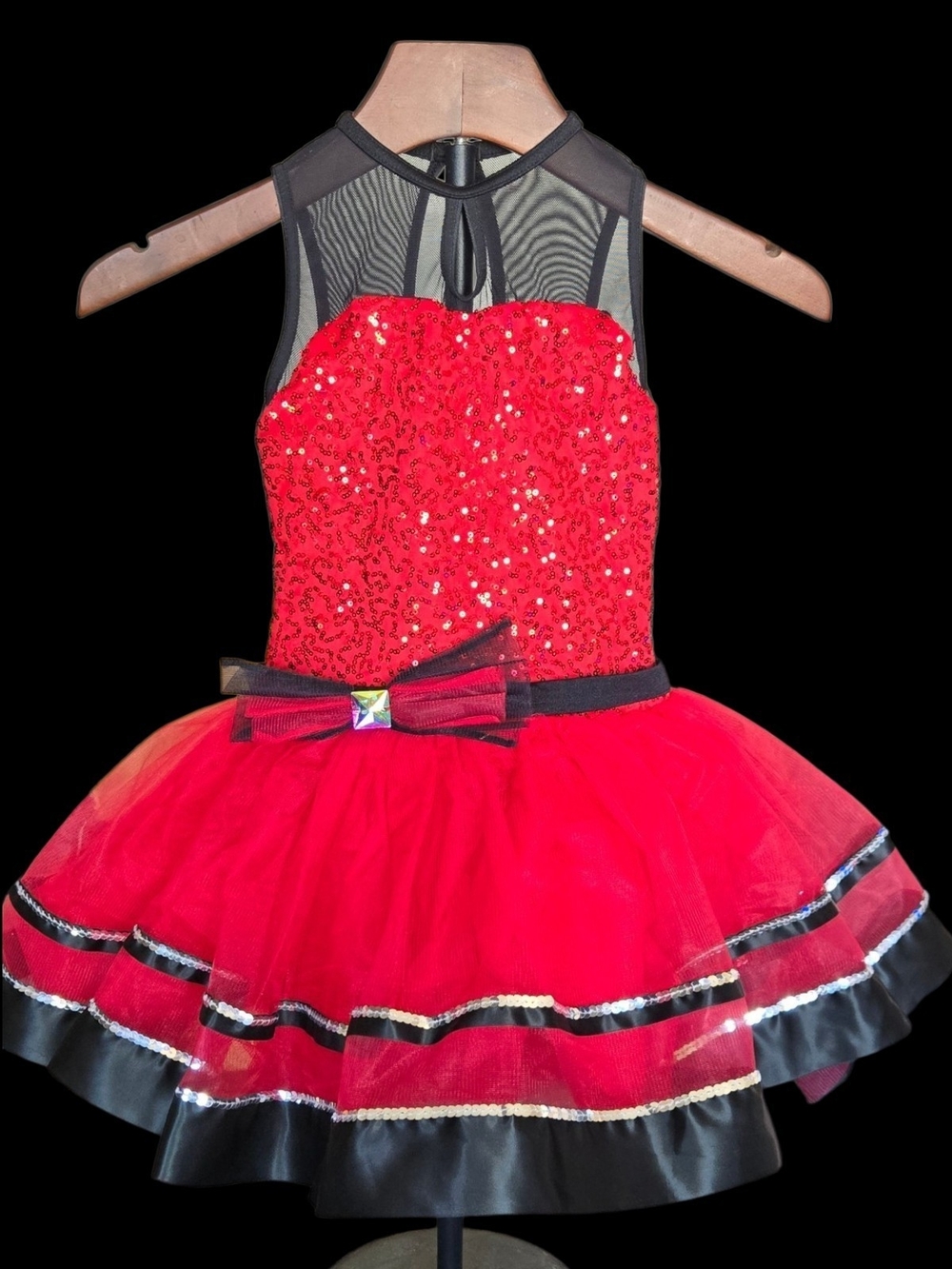 Weissman Girls Red Sequin Tulle Competition Dance Dress w/ Black Accents Sz 7/8